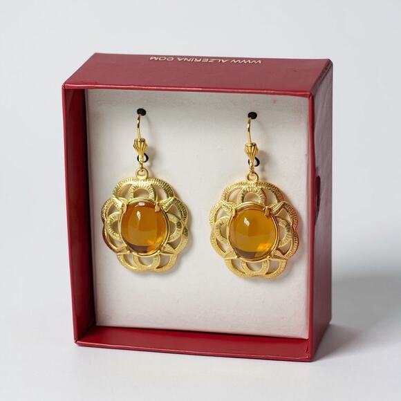 Alzi by Alzerina 24K Gold Magnolia Earrings Topaz Austrian Crystal Handmade NYC - Picture 3 of 7